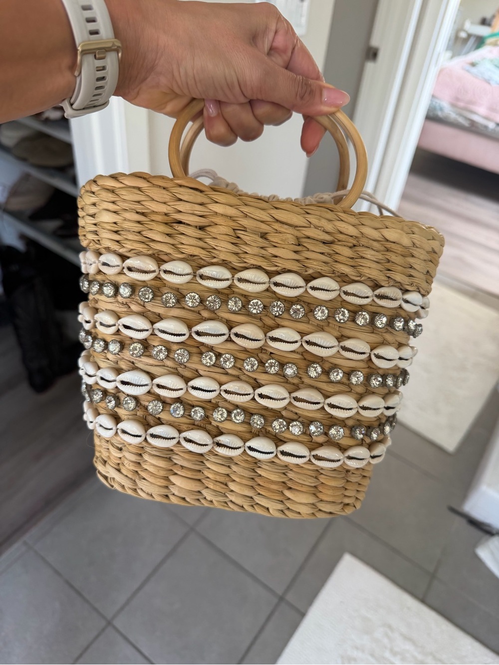 Woven Straw Mini Bag with Shells and Rhinestones - Natural